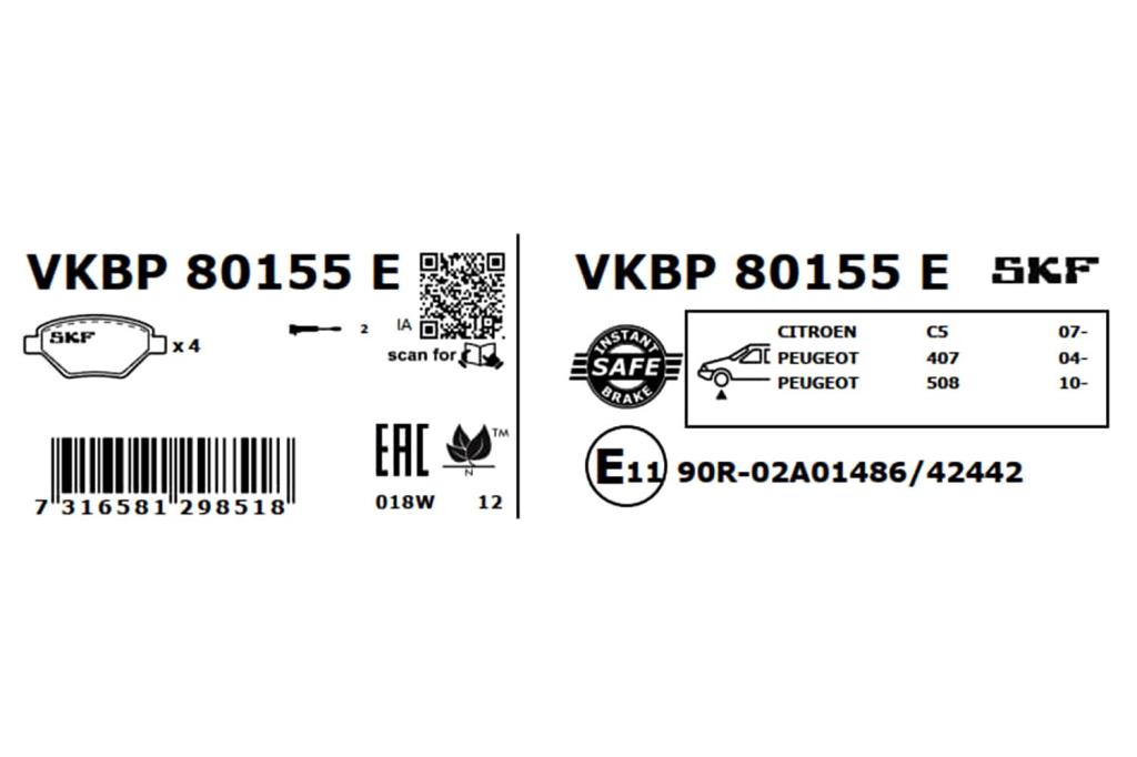 Jeu de 4 plaquettes de frein SKF ref. VKBP 80155 E